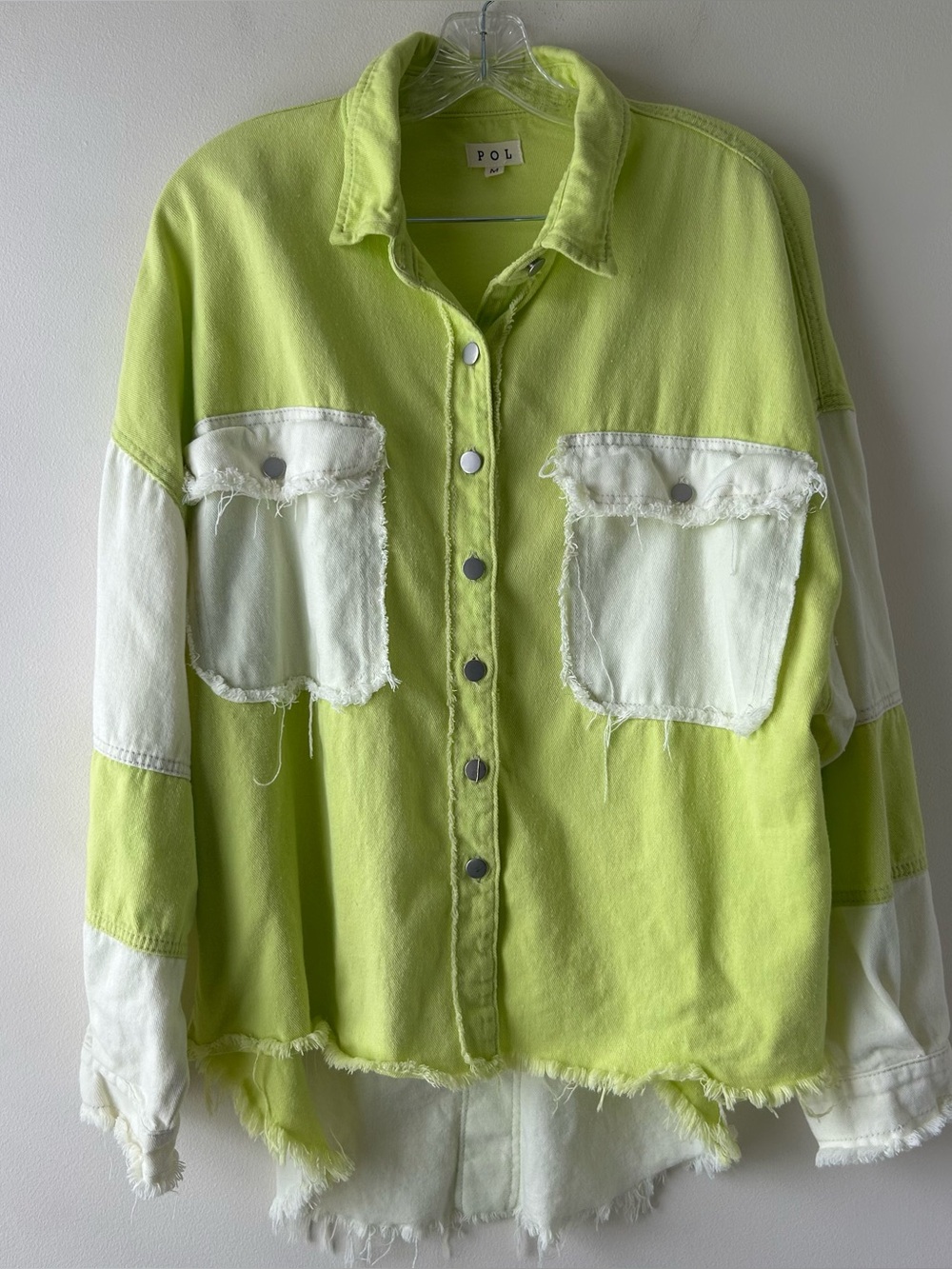 POL Oversized Frayed Worn Shacket Jacket Top Neon Green White M - Picture 2 of 11